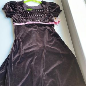 NWT chocolate brown velvet dress with pink detail
